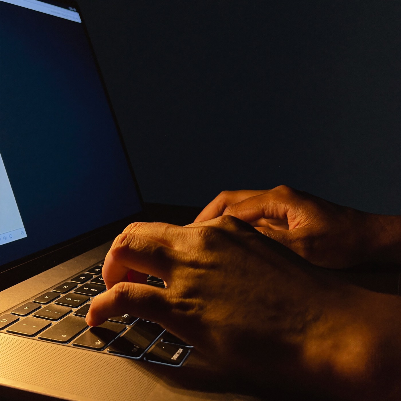 Hands typing on a laptop in warm golden light