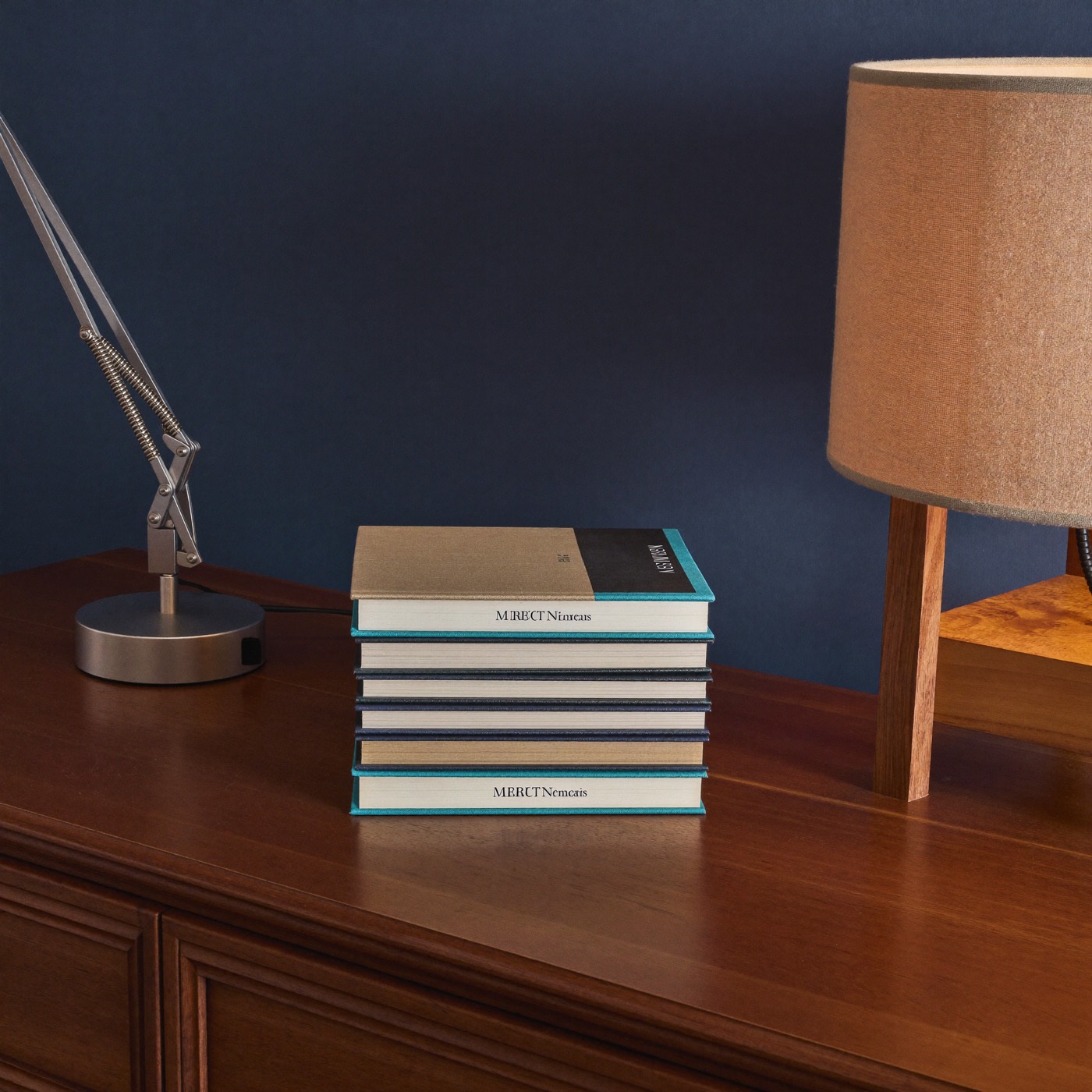 Stack of hardcover books beside a warm reading lamp