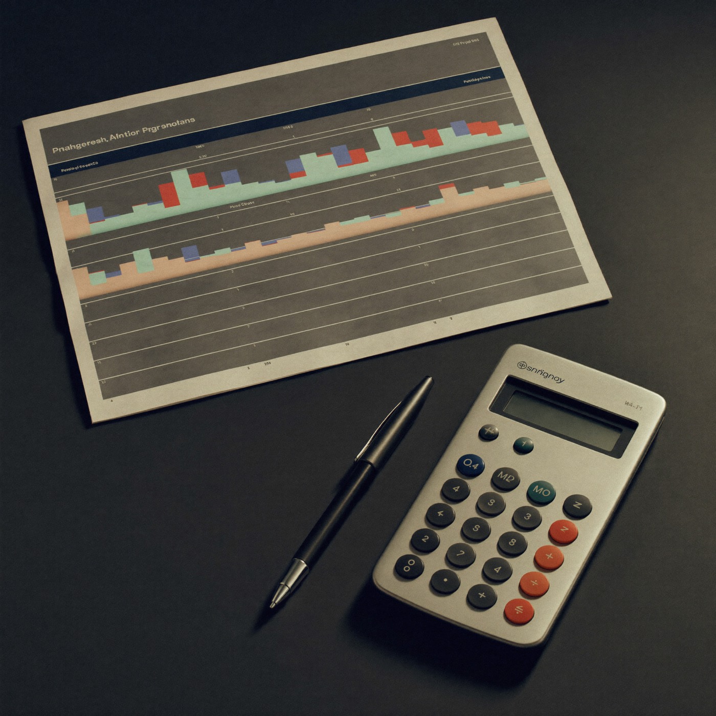 Printed charts and calculator under a warm lamp