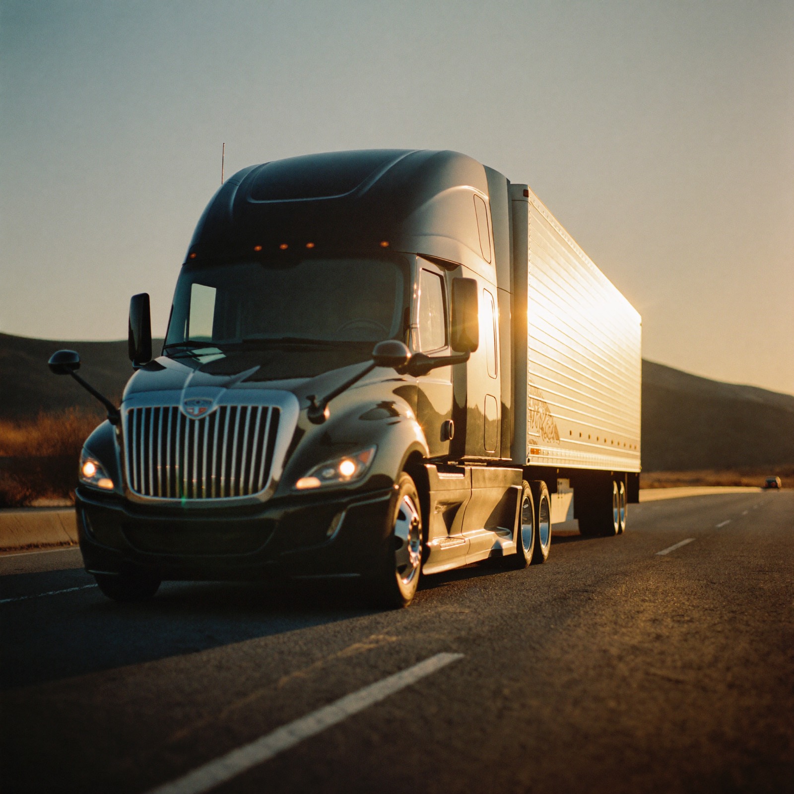 Semi truck on the open road at golden hour